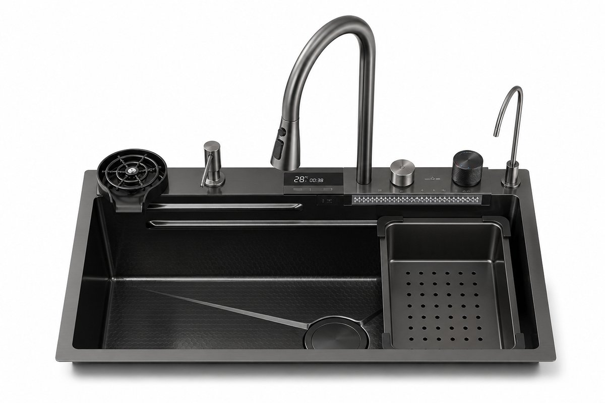 ITRONIQ Keukenspoelbak 75x45 CM - RVS Spoelbak Met Uittrekbare Kraan, Waterfall, Bekerspoeler, Drinkwaterkraan en Digitale Display