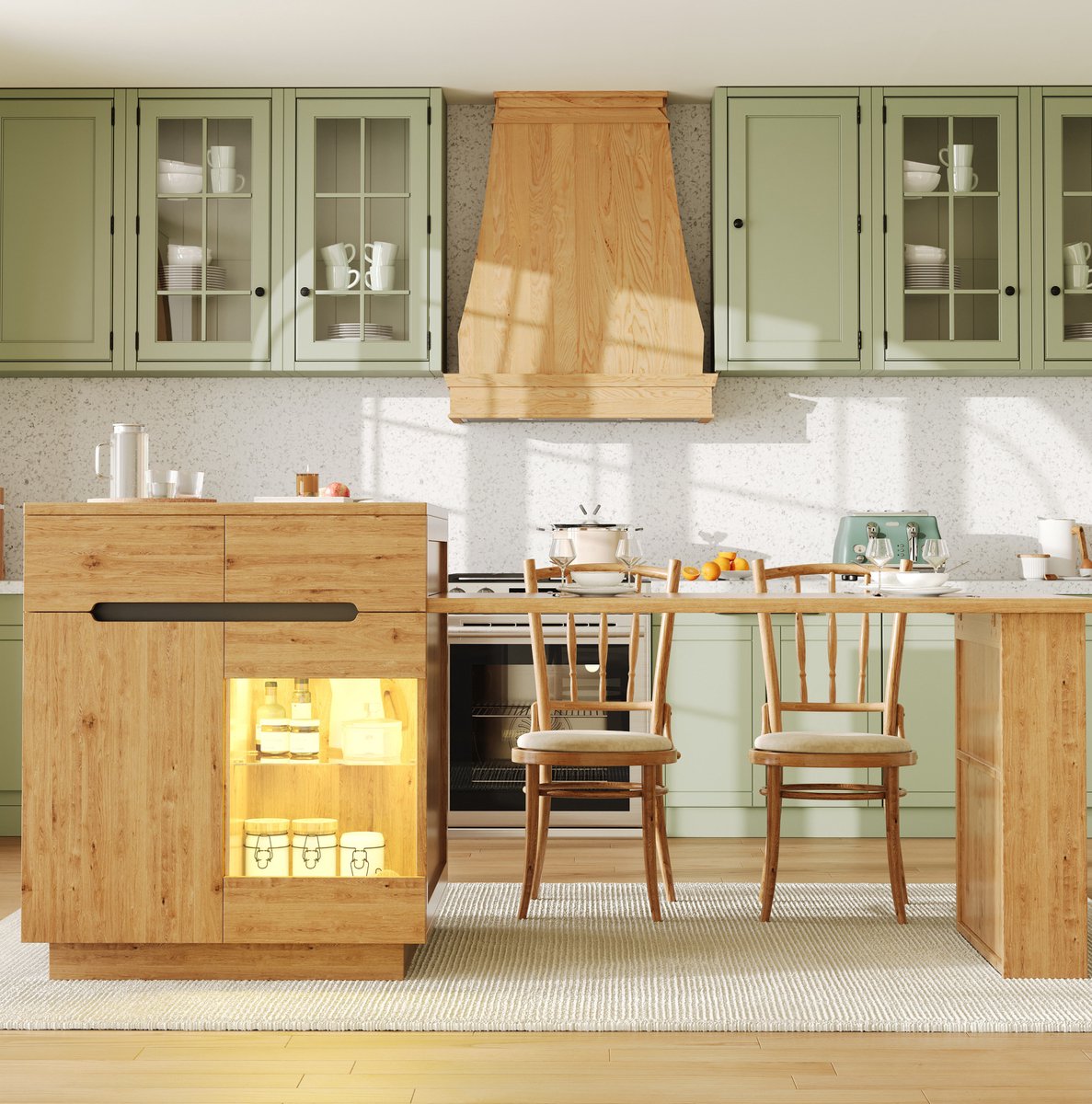 DESMIU Eettafel - Uitschuifbaar Keukeneiland Met Ledverlichting En Lades - Voor Keuken En Eetkamer - MDF - Houtkleur - 195x80x93,5 Cm Eikenlook