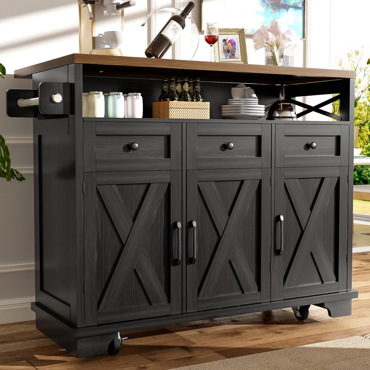 DESMIU Keukenkast - Keukeninsel Met Opklapbaar Werkblad En Wielen - Met 3 Lades Voor Keuken En Eethoek - MDF En Metaal - 118x43x98 Cm - Zwart