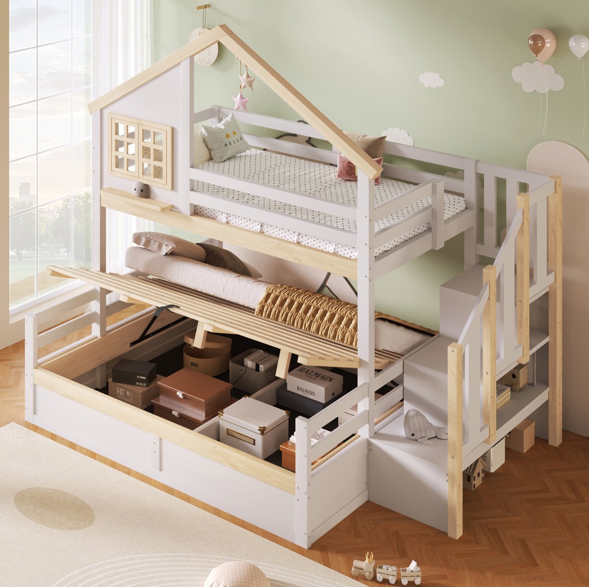 STILVORA Stapelbed 90x200 cm en 140x200 cm – Hydraulische Opbergruimte – Met Veiligheidshekje & Opbergtrap – Kinderkamer – Hout en MDF – Wit/Naturel – Zonder Matras