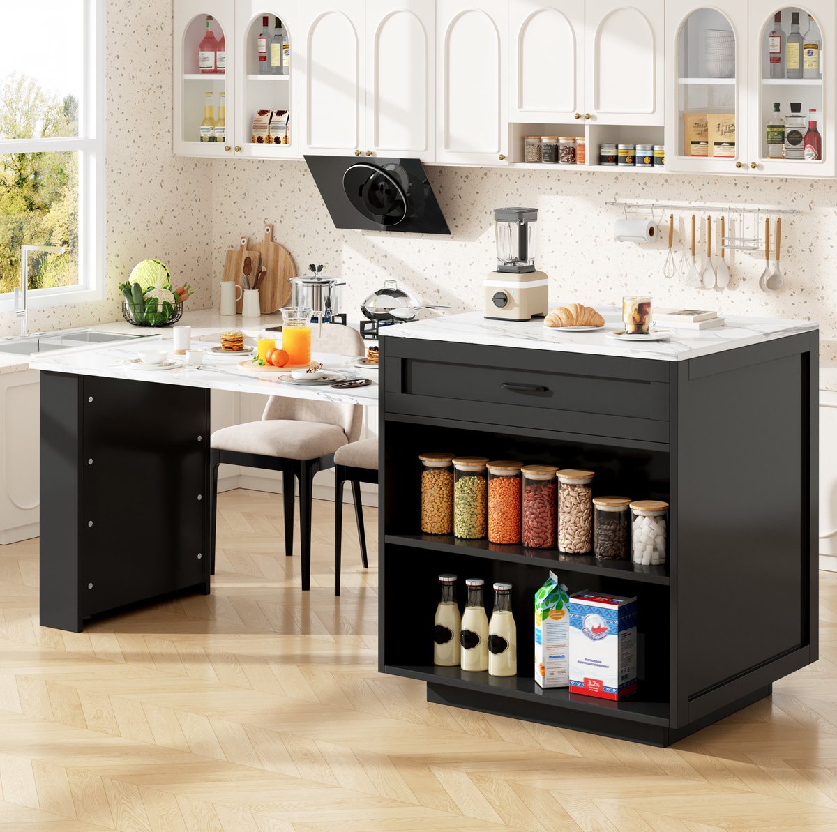 DESMIU Bartafel - Uitschuifbare Keukeneilandtafel Met Opbergruimte - Voor Keuken En Eethoek - MDF - 98-204x70x93,5 Cm - Zwart