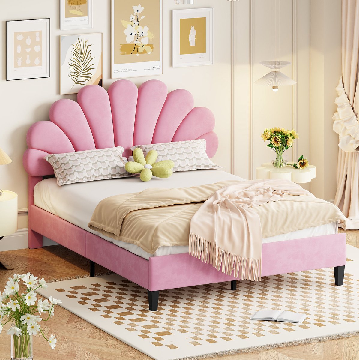 MEUNIQ gestoffeerd tweepersoons bed 140 x 200 cm met bloemenvormig hoofdbord, lattenbodem en verstelbaar hoofdeinde, roze bedframe voor slaapkamer