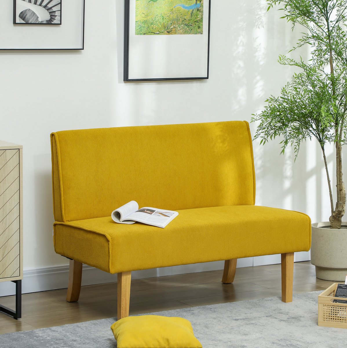 FloraGrace Zitbank 2-Zits - Compacte Cordlook Met Houten Poten En Zonder Armleuningen - Voor Woonkamer En Slaapkamer - Polyester - Geel
