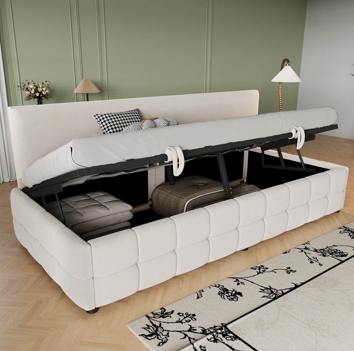 MEUNIQ slaapbank 90x200 cm met hydraulische opbergruimte, rugleuning en lattenbodem, eenpersoons bedbank zonder armleuningen voor slaapkamer of logeerkamer, beige