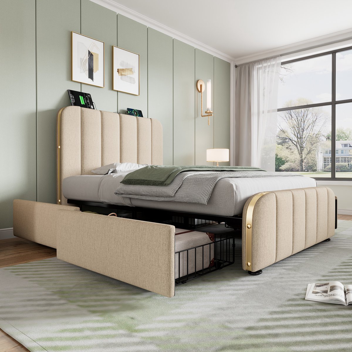 Wishdor Gestoffeerd Eenpersoonsbed 90x200 cm - Opbergbed met 4 lades - USB en Type-C laadstation - Beige linnen met gouden accenten - Inclusief lattenbodem - L 215 x B 98 x H 102 cm