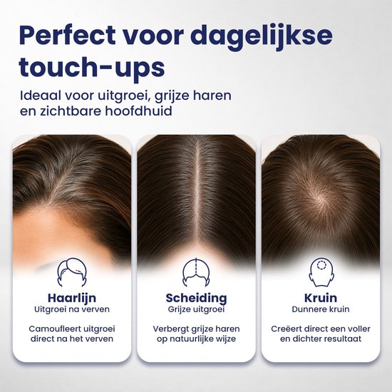 Drie hoofdhuidbeelden: haarlijn met uitgroei, scheiding met grijs, en dunner wordende kruin.