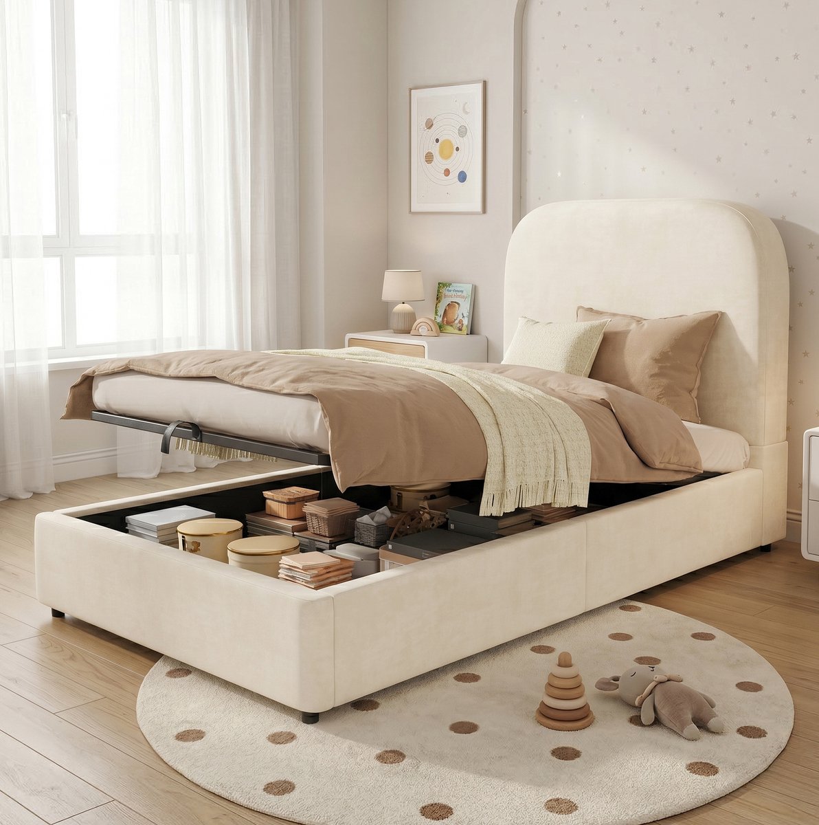 FloraGrace Kinderbed 90x190 cm - Hydraulisch Opbergbed Met Lattenbodem - Groot Opbergvak - Zonder Matras - Fluwelen Stof - Beige