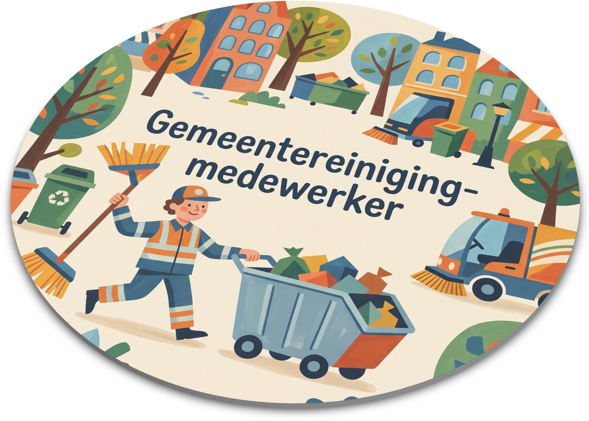 Ronde Muismat Gemeentereiniging-medewerker Vrolijke Retro Schoonmaak Illustratie Origineel Cadeau voor een Vuilnisman of Milieustraat Medewerker