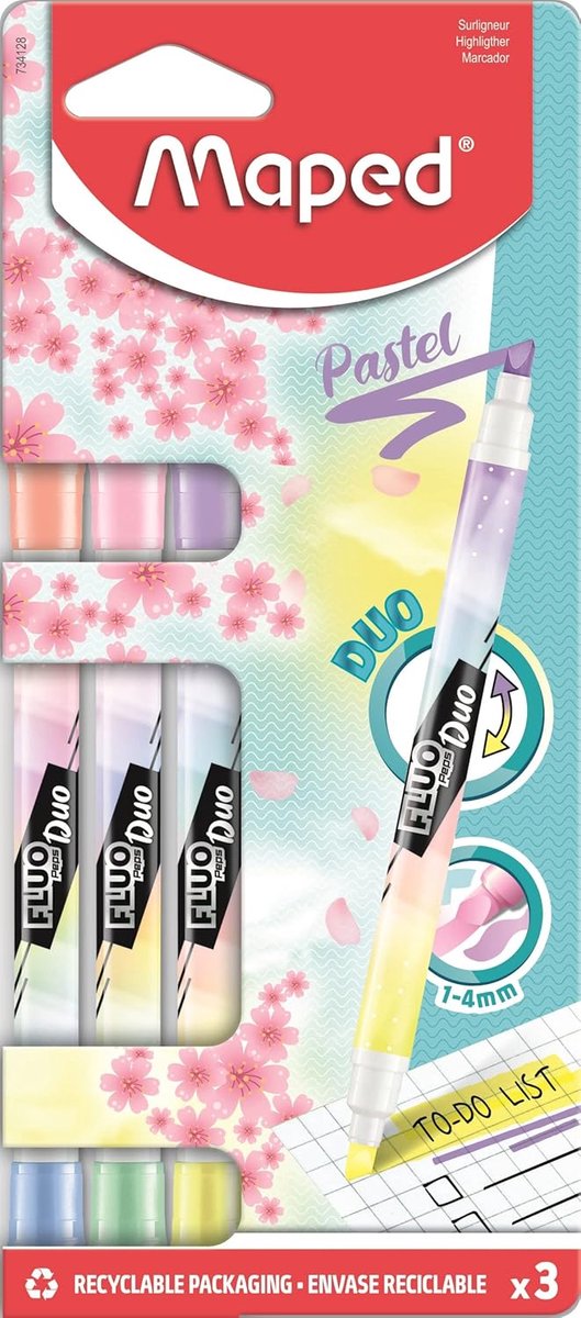 Thijox - Dubbelzijdige markeerstift Fluo Duo PASTEL - 3 markeerstiften in pasteltinten voor school, kantoor en creatief gebruik