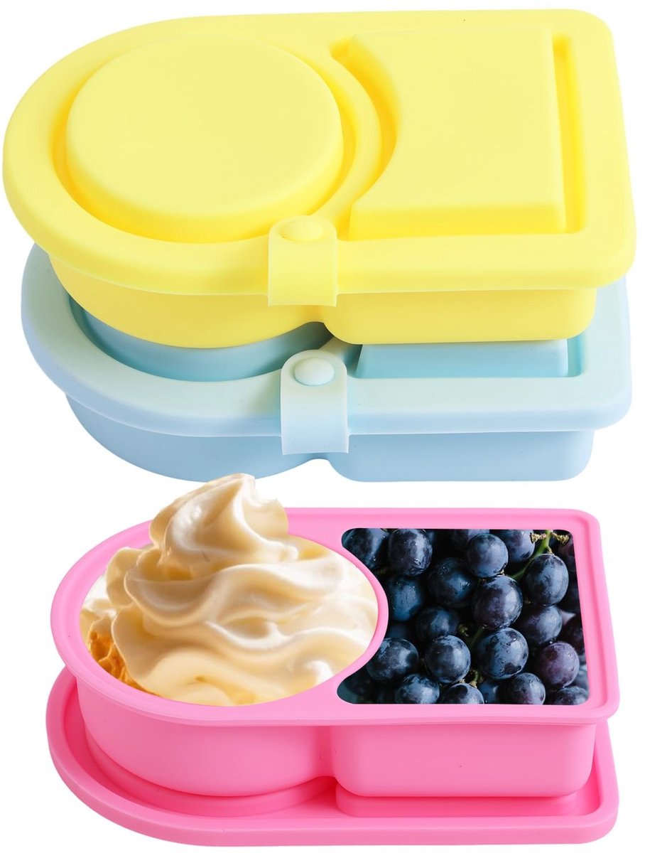 Inovra- Snackcontainer 3 Stuks - Silicone Snackdoos - Herbruikbaar - 2 Compartimenten - BPA-vrij - 13.7x8.5 cm