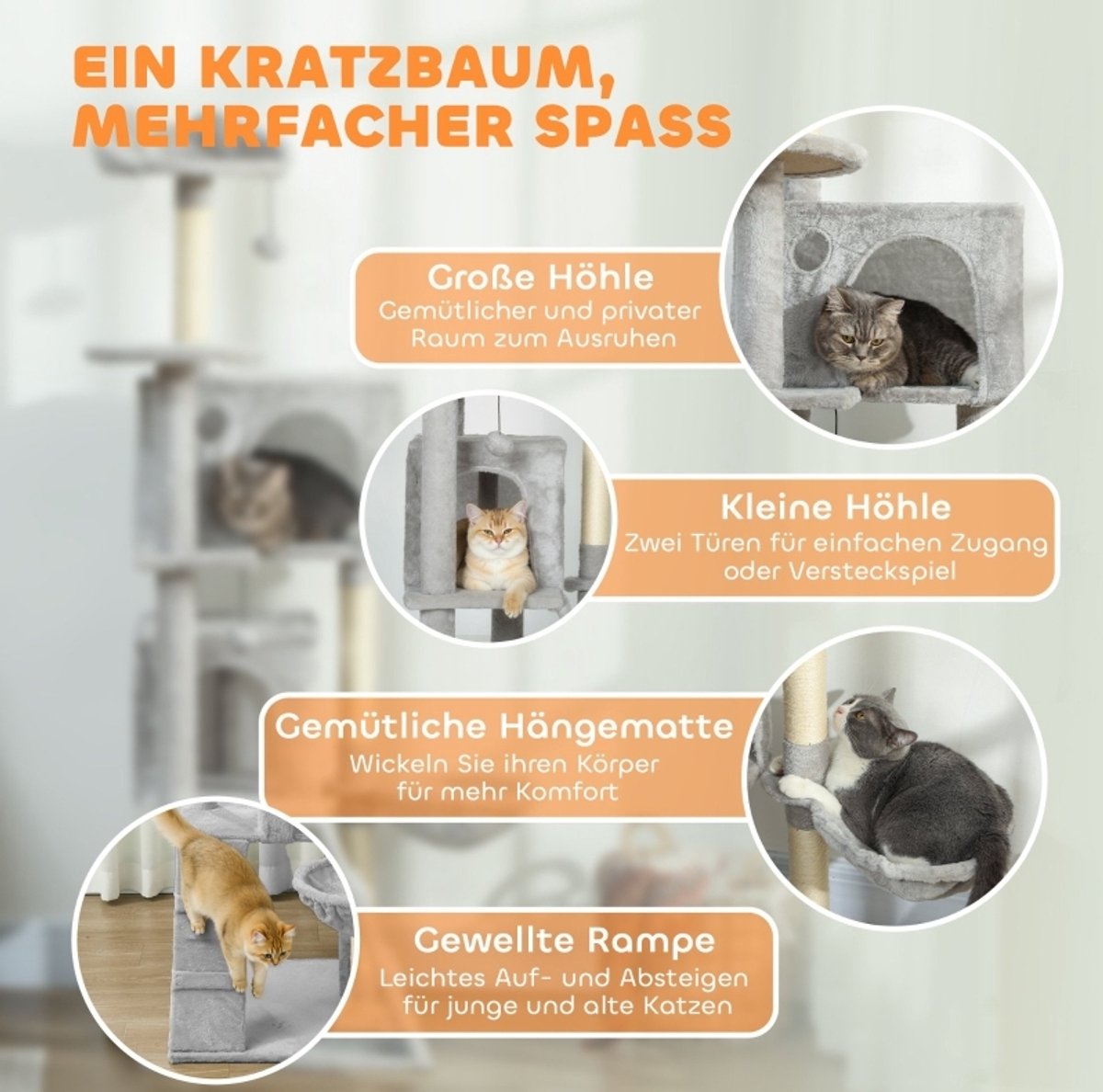 HAUSS SPOLE Krabpaal – 160 Cm – Met Huisje, Hangmat En Ladder – Sisal En Pluche – Lichtgrijs – Voor Krabben, Klimmen En Rusten