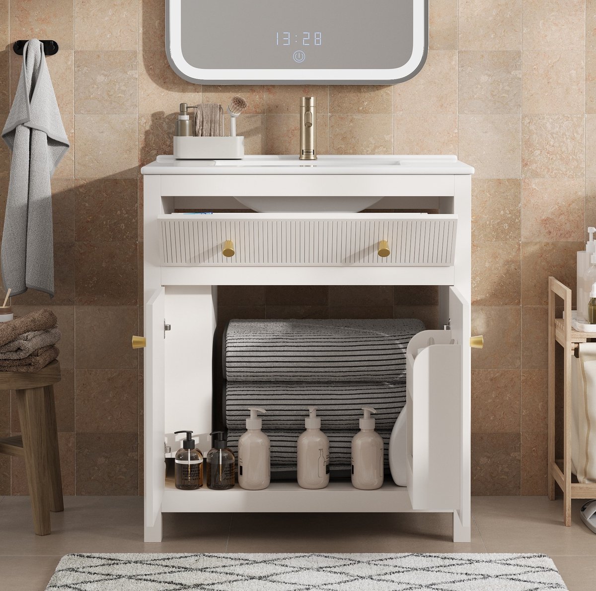 HAUSS SPOLE Dressoir - Badkameronderkast Met Keramische Wastafel En Softclose Lade - Vrijs