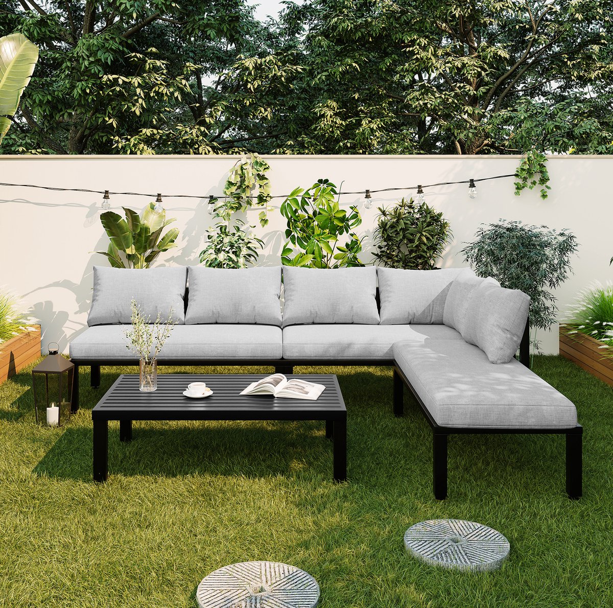 DESMIU Loungeset 260 X 194 X 84 Cm - Modulaire 6-Zits Hoek Loungeset Met Afneembare Rugleuningen En Tafel - Tuin En Terras - Grijs