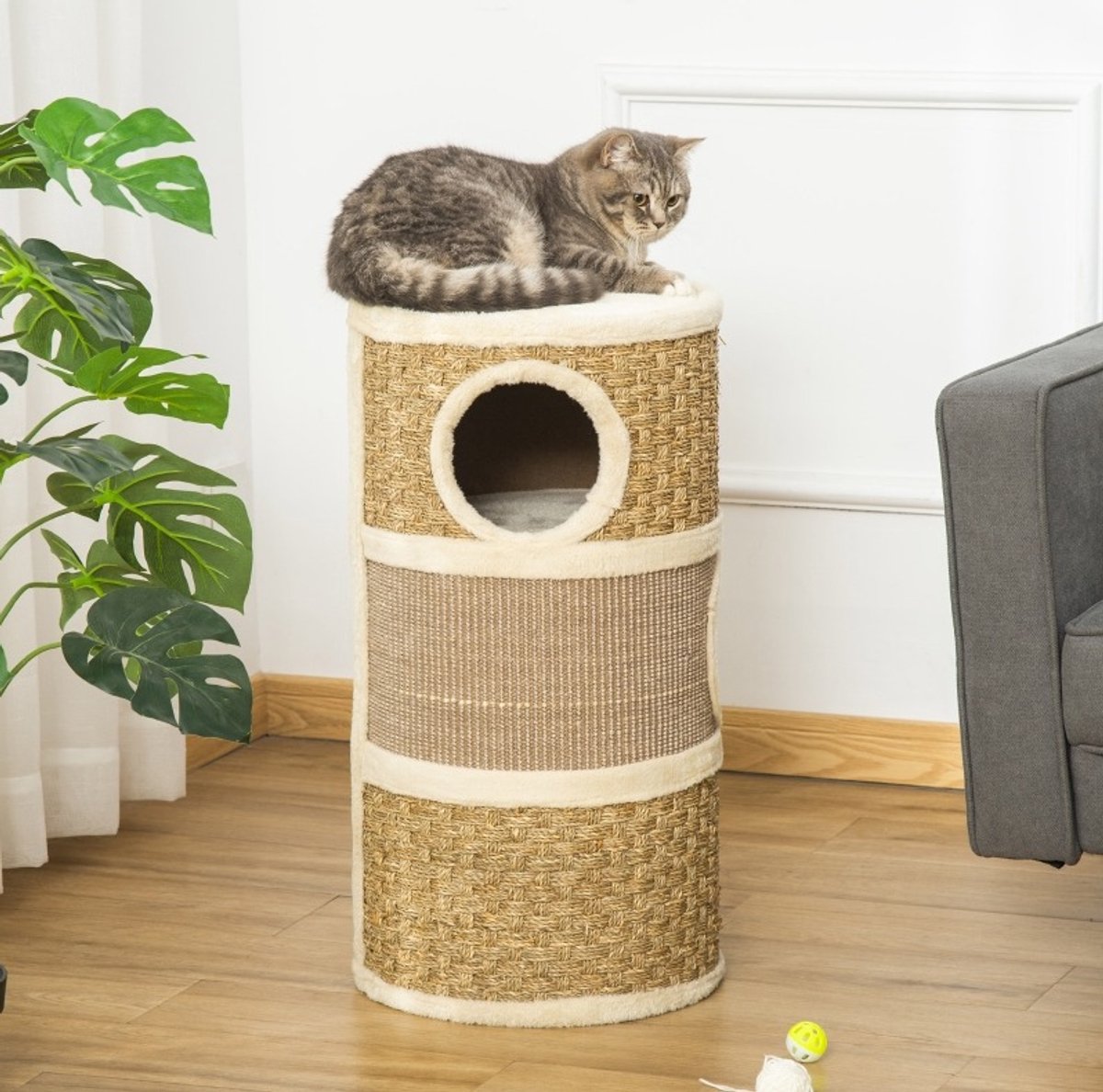 HAUSS SPOLE Krabton – 3 Niveaus – 37,5 x 37,5 x 70 cm – Sisal, Pluche en Hout – Bruin – Krabmeubel en Rustplek voor Katten