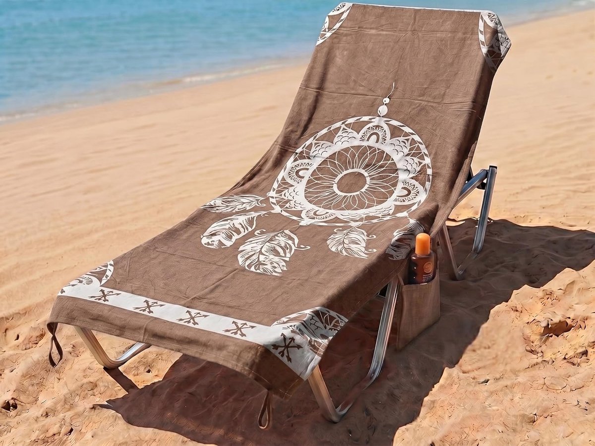 Thijox - Strandlaken 70 x 180 cm met hoeken en zakken, Fouta-katoen, 100% Katoen, Dromenvanger - Houtbruin, Perfect voor Strand, Camping, Ligstoel