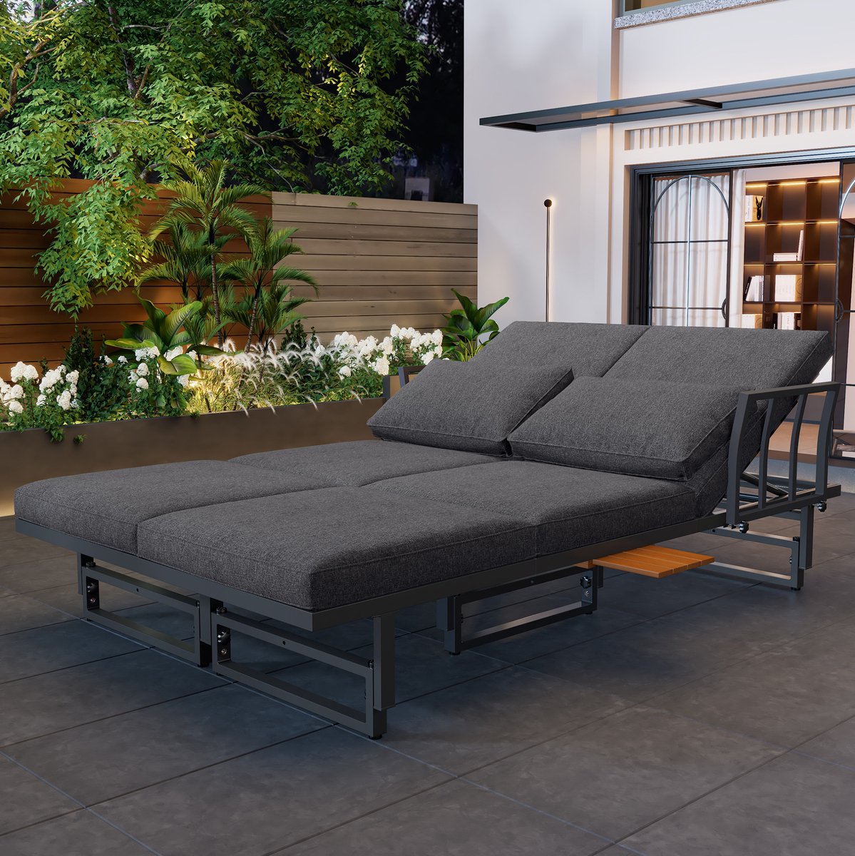 DESMIU Loungeset 186 x 186 cm - Verstelbare Rugleuning En Tafel - Voor Tuin En Terras - Acaciahout En IJzer - Grijs