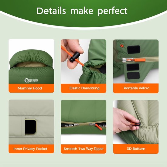 SnelShoppen - XXL Donsslaapzak 3-4 Seizoenen, Extra Grote Slaapzak 230 cm x 100 cm, Licht en Warm, Dons Slaapzak voor Volwassenen, Outdoor, Kamperen, — afbeelding 5