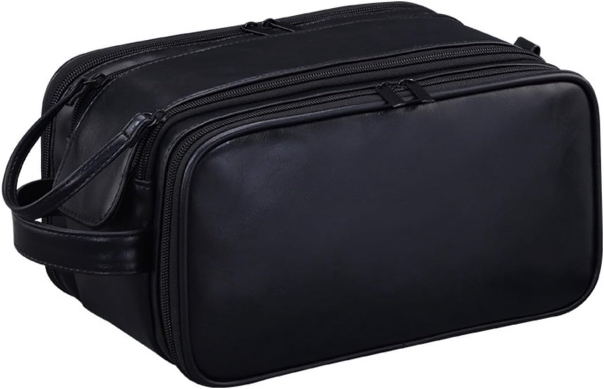SnelShoppen - Toilettas voor Mannen - Grote Business Reistoilettas - Waterproof Dopp Kit - Echt Leer met Afgesloten Compartimenten - Zwart - TSA Goedg