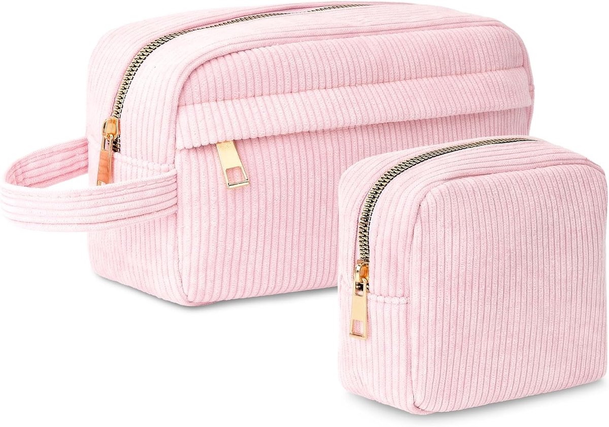 Make-up tas set van 2 - corduroy - roze - multifunctionele toilettas - SnelShoppen