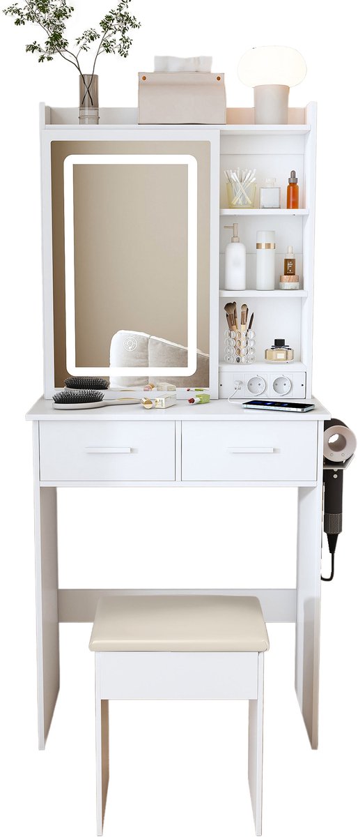 REDOM Kaptafel - Ledverlichting en Opbergruimte - Modern - Slaapkamer - MDF - Wit