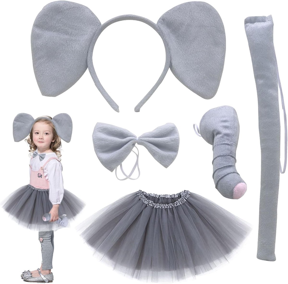 Schattig Olifanten Kostuum voor Kinderen met Oren, Neus, Staart en Tutu voor Halloween en Carnaval