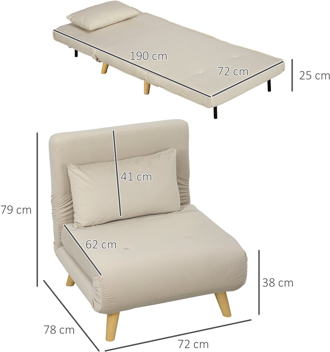 FloraGrace Fauteuil 1-Zits – Klapslaapstoel Met 6-Standen Rugleuning En Bedfunctie – Voor Woonkamer En Logeerkamer – Velvet – Beige
