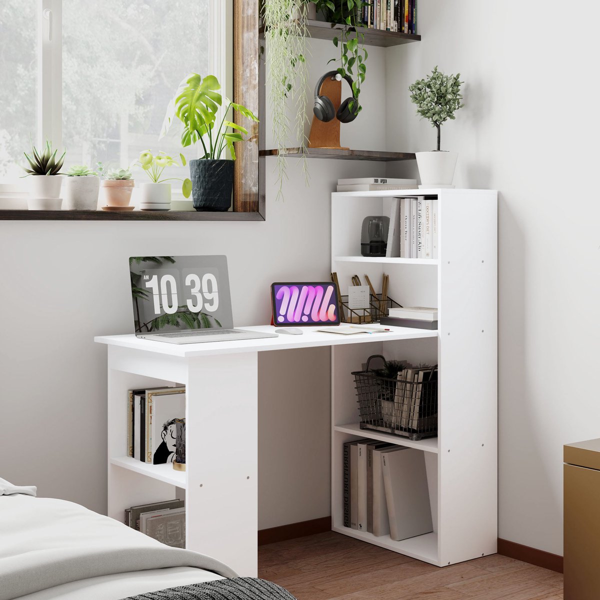 MIVRAY Bureau Met Kast - Ruim Werkblad En Open Opbergruimte - Voor Kantoor En Thuiswerkplek - Spaanplaat - Wit - 120x55x120 Cm