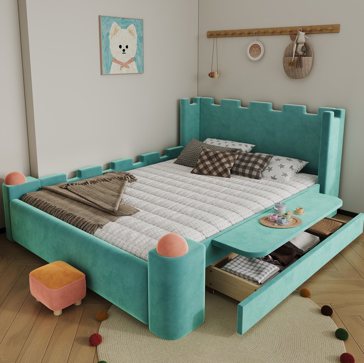 STILVORA Gestoffeerd Bed 140x200 cm – Kasteelontwerp Met Opklapbaar Zijschap – Met Opberglade – Voor Kinderen – Hout En Stof – Blauwgroen – Zonder matras