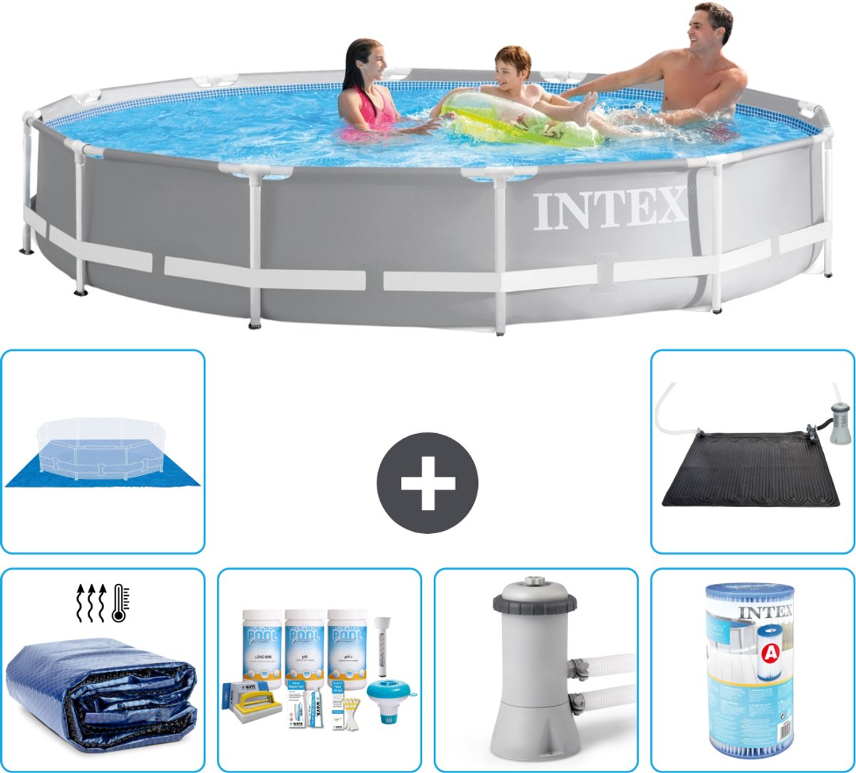 Intex Rond Prism Frame Zwembad - 366 x 76 cm - Grijs - Inclusief Solarzeil - Onderhoudspakket - Zwembadfilterpomp - Filter - Grondzeil - Solar Mat - 7-delig