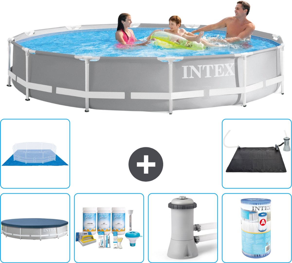 Intex Rond Prism Frame Zwembad - 366 x 76 cm - Grijs - Inclusief Afdekzeil - Onderhoudspakket - Zwembadfilterpomp - Filter - Grondzeil - Solar Mat - 7-delig