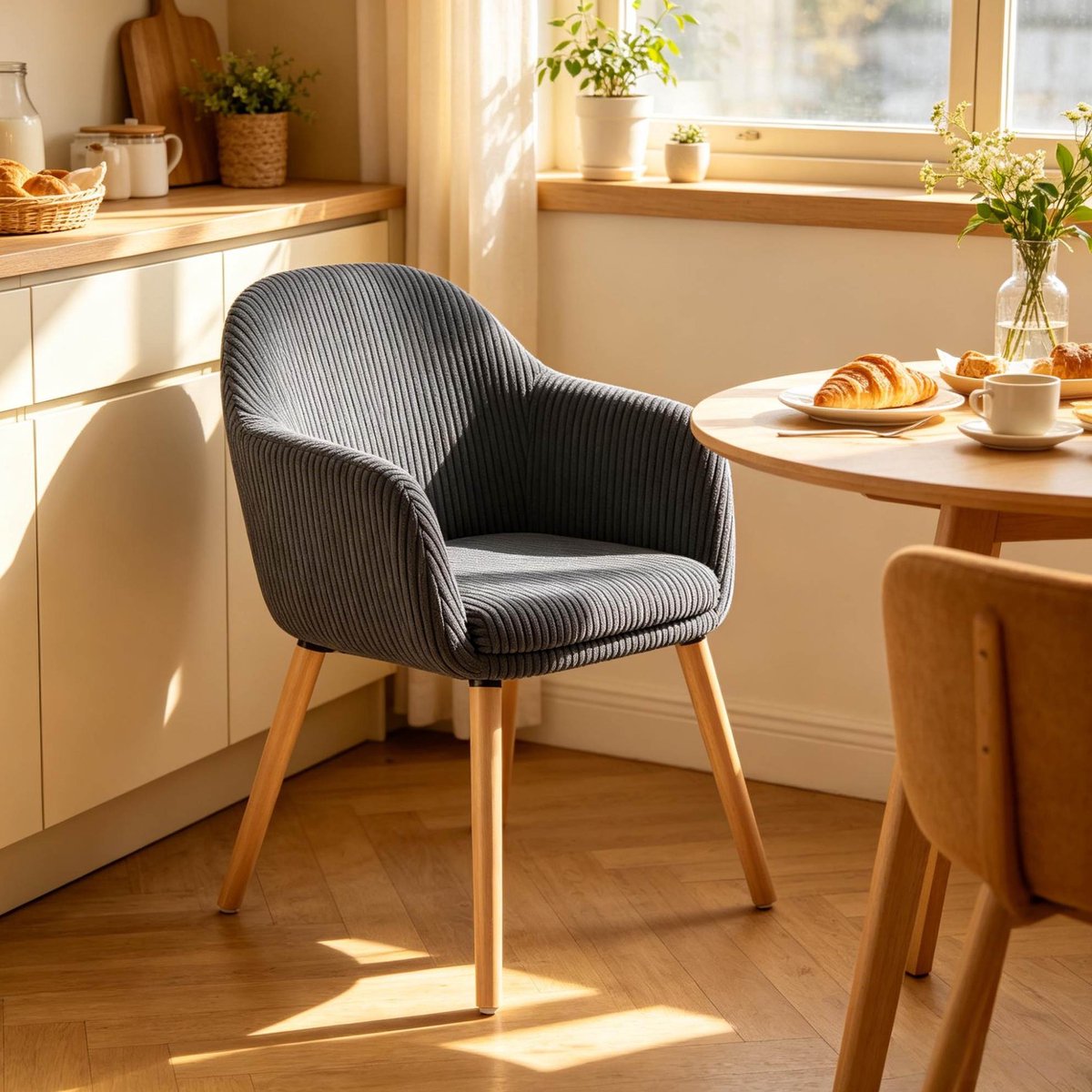 MIVRAY Eetkamerstoel 53,5 x 46 x 83,5 cm - Gestoffeerde Kuipstoel Met Armleuningen - Voor Eetkamer En Woonkamer - Ribstof Donkergrijs