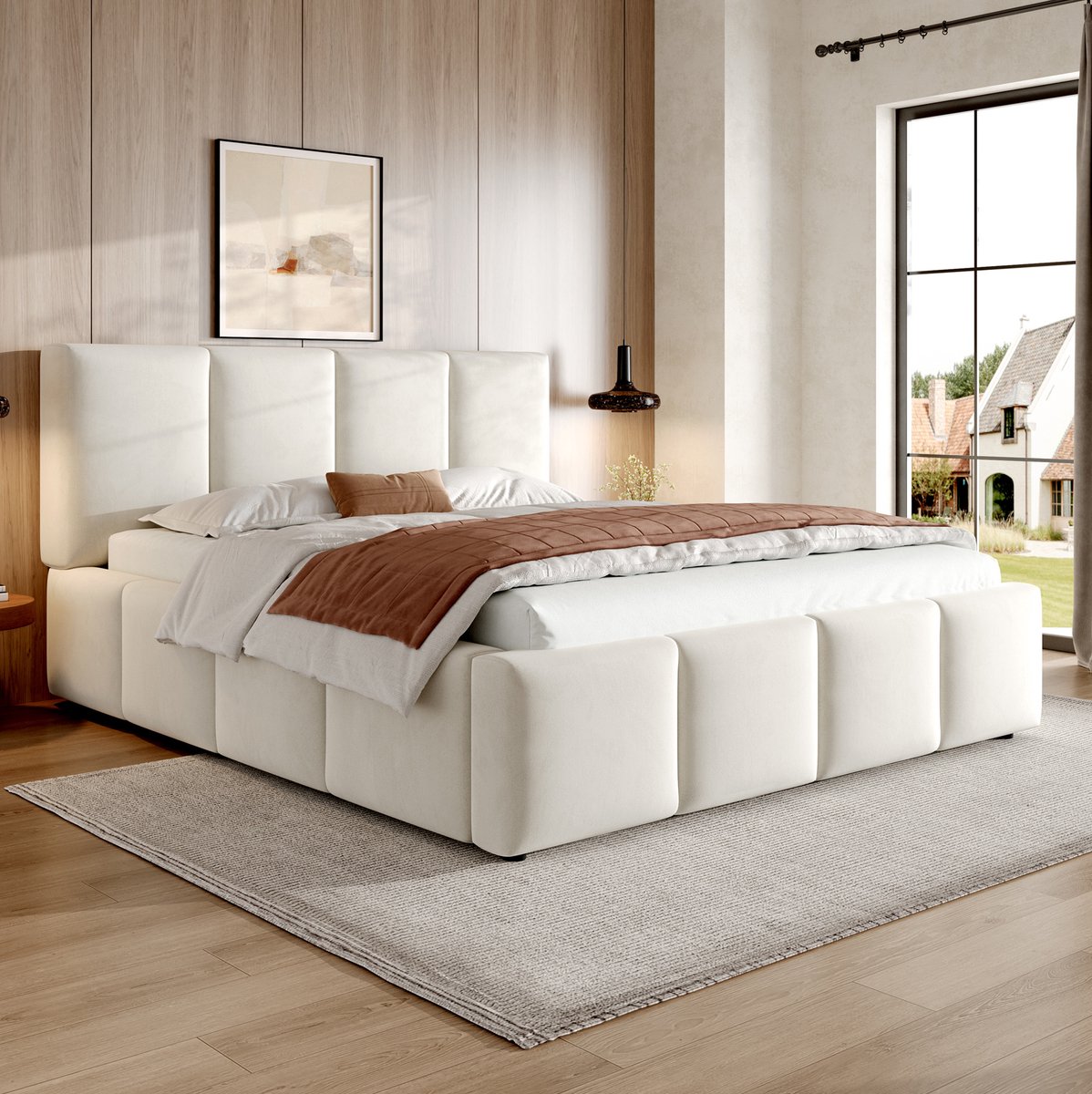 FloraGrace Gestoffeerd Bed 180x200 cm - Tweepersoonsbed Met Lattenbodem En Gepolsterd Hoofdbord - Zonder Matras - Chenille - Beige