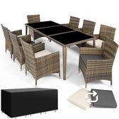 tectake® Wicker Tuinset - 8 Personen - 8 stoelen - 1 Tuintafel met glasplaten - Incl. beschermhoes en 2 sets kussenhoezen - Afm. tafel ca. 190x90x75 (LxBxH) - Natuur