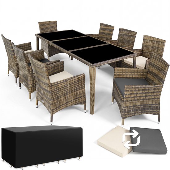 tectake® Wicker Tuinset - 8 Personen - 8 stoelen - 1 Tuintafel met glasplaten - Incl. beschermhoes en 2 sets kussenhoezen - Afm. tafel ca. 190x90x75 (LxBxH) - Natuur