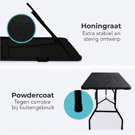 LifeGoods Inklapbare Tafel - 180x74 cm - Stevige Klaptafel - Weerbestendig - Inklapbare eettafel - Campingtafel - Vouwtafel voor Binnen en Buiten - Zwart houtnerf look van Merkloos — afbeelding 4