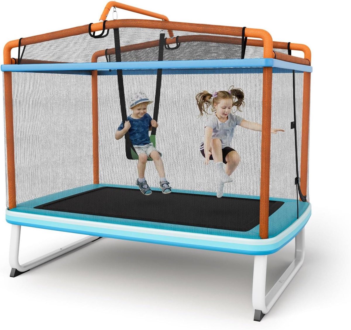Kindertrampoline met Schommel - Speeltoestel Binnen Buiten - Actief Spelen - 3-in-1 Functie - 190x124x172 cm - Oranje