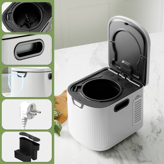 Gedetailleerde weergave van een witte compostbak met open deksel, inclusief de binnenkant, handvat, stopcontact en filter.