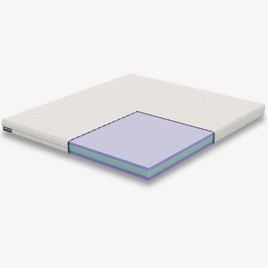 Gelaagde topper met witte hexagonale structuur en paarse en groene schuimlagen.