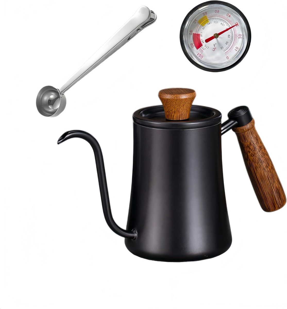 Zwanenhals waterkoker - Koffieketel met tuit - Koffie zetten thuis - Ingebouwde thermometer - 550 ml inhoud - Zwart