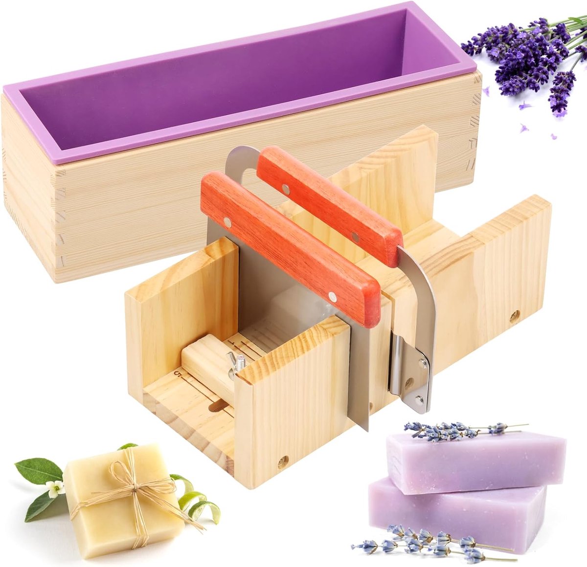 Thijox - Zeepvorm Siliconen 1,4L met Golfmes en Rechte Mes - Hittebestendige DIY Zeepmaking Kit - Inclusief Houten Kist en Deksel - Perfect voor Creat