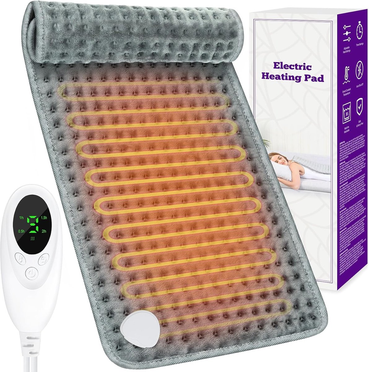 Elektrisch Verwarmingskussen voor Nek, Rug en Schouders - 9 Warmtestanden & Timer - Wasbaar Warmtekussen 30x60 cm Grijs
