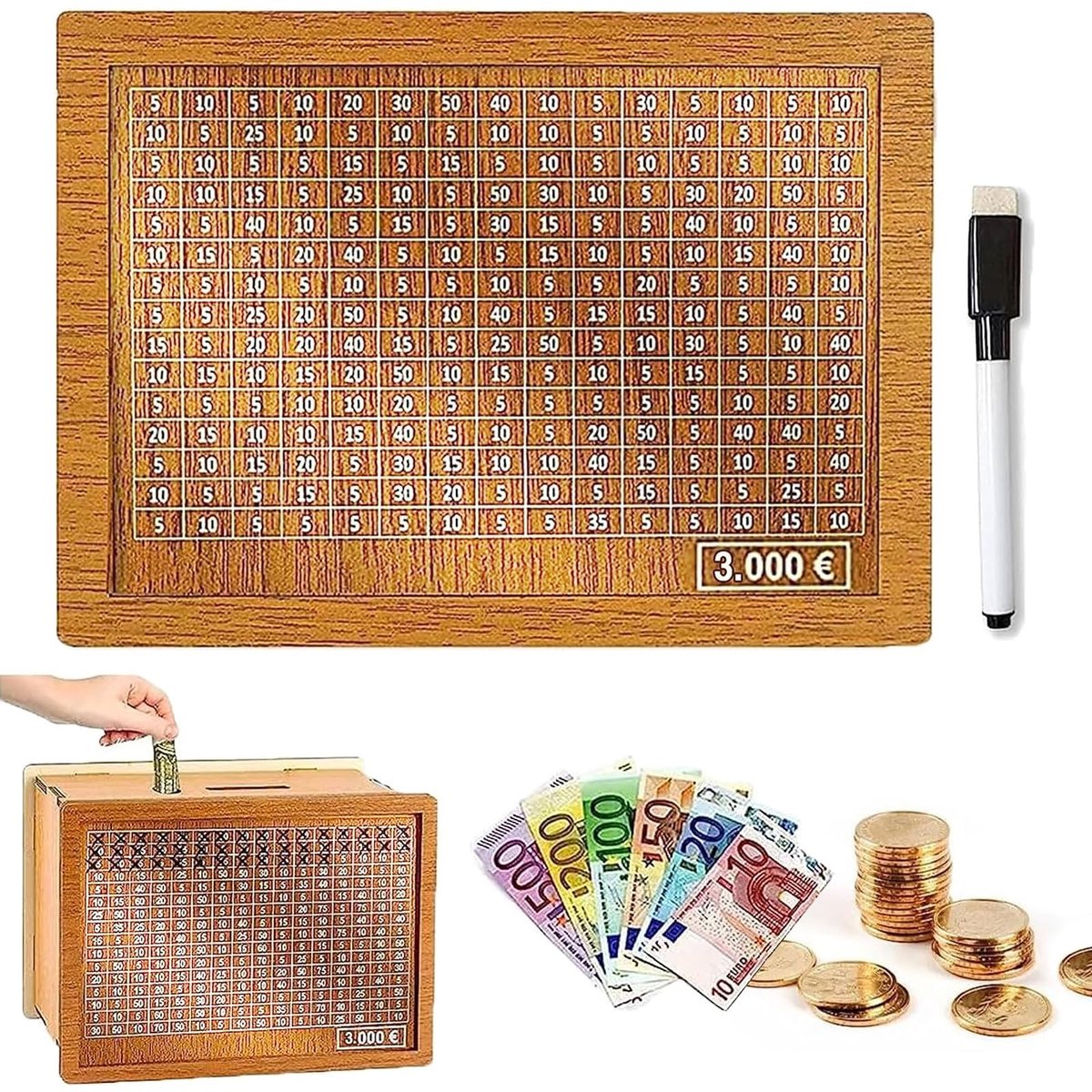 Dailygoods- Spaarpot met Teller - Houten Spaarpot - Herbruikbaar - Decoratie - 3000 Euro - Hoogwaardige Materialen - 22 x 7,5 x 12 cm - Geldpot