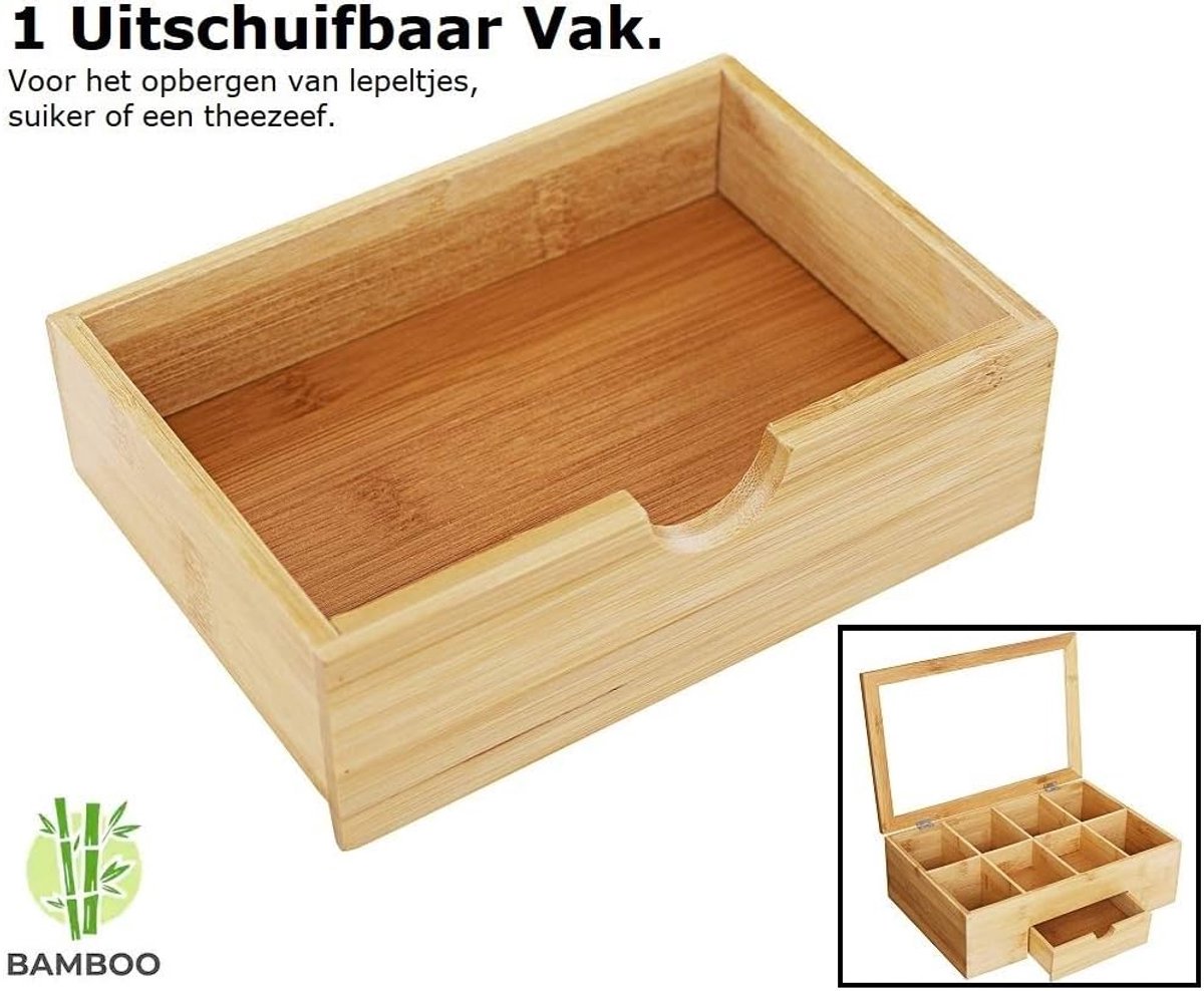 Thijox - Luxe Bamboe Theedoos met Doorzichtig Venster - 9 Vaks Theekist voor Thee - Stijlvolle Opbergdoos voor Theezakjes - Perfect voor Keuken en The — cadeau in Wonen & Interieur - foto 2