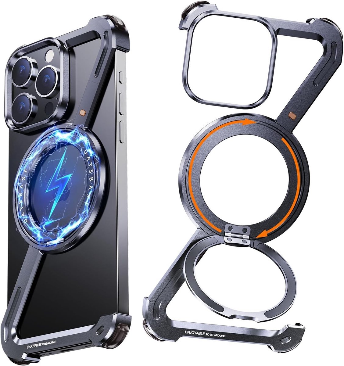 Z-vormige magnetische hoes voor iPhone 16 Pro Max, 360° bescherming, schokbestendig en krasbestendig, zwart ontwerp met militaire standaard