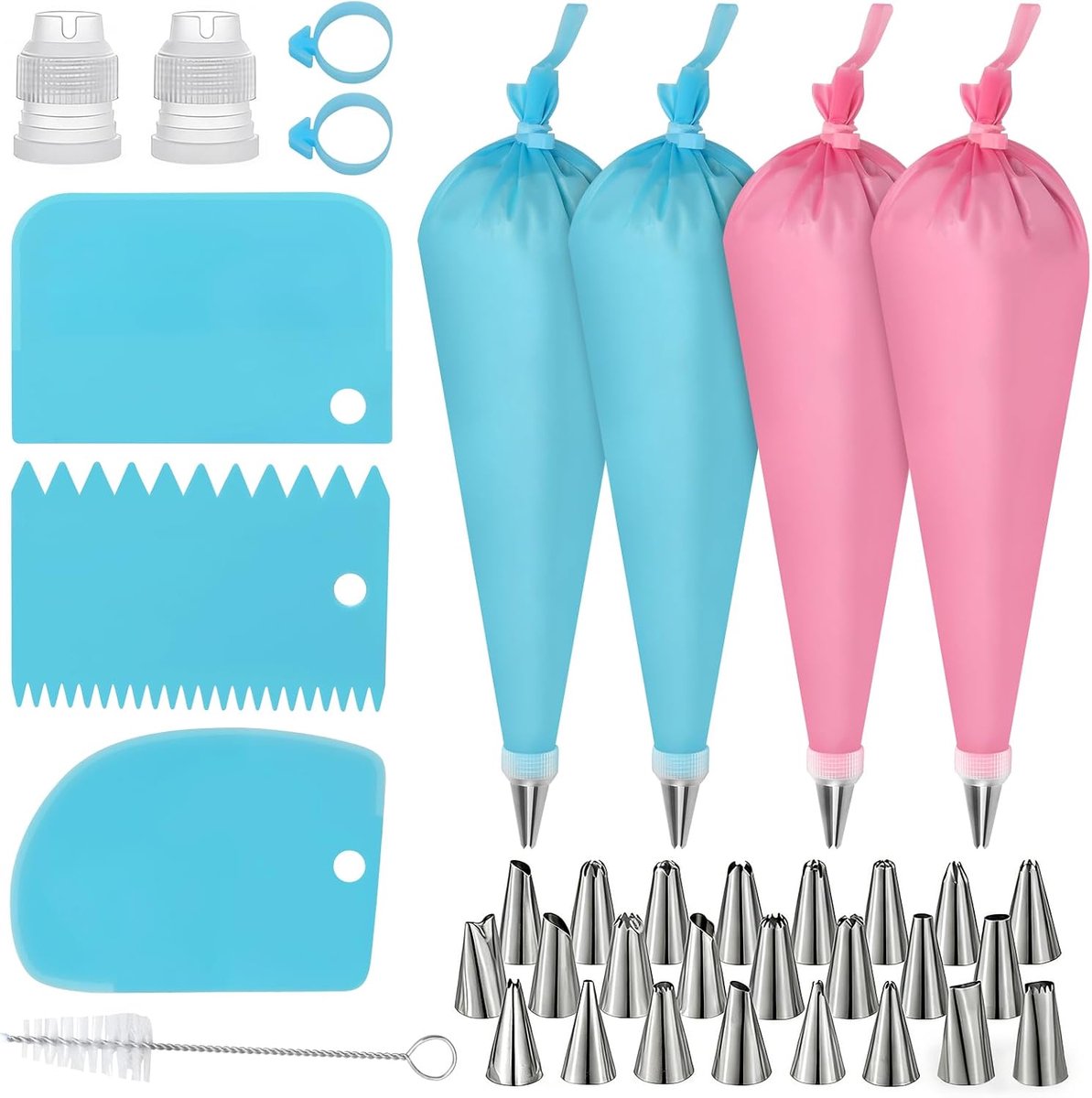 SnelShoppen - Piping Bags & Nozzles Set 36 Delig - Inclusief 4 Herbruikbare Piping Bags, 24 RVS Cake Nozzles, 2 Couplings, 2 Bag Straps, 3 Cake Scrape