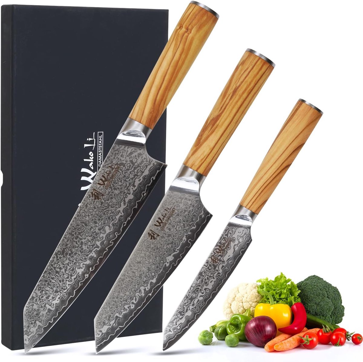 SnelShoppen - 3-delige Kiritsuke Messenset met 20 cm, 15 cm en 11 cm Lemmet van 67 Laags Damaststaal met VG-10 Kern, Olijfhouten Handvatten, Perfect v