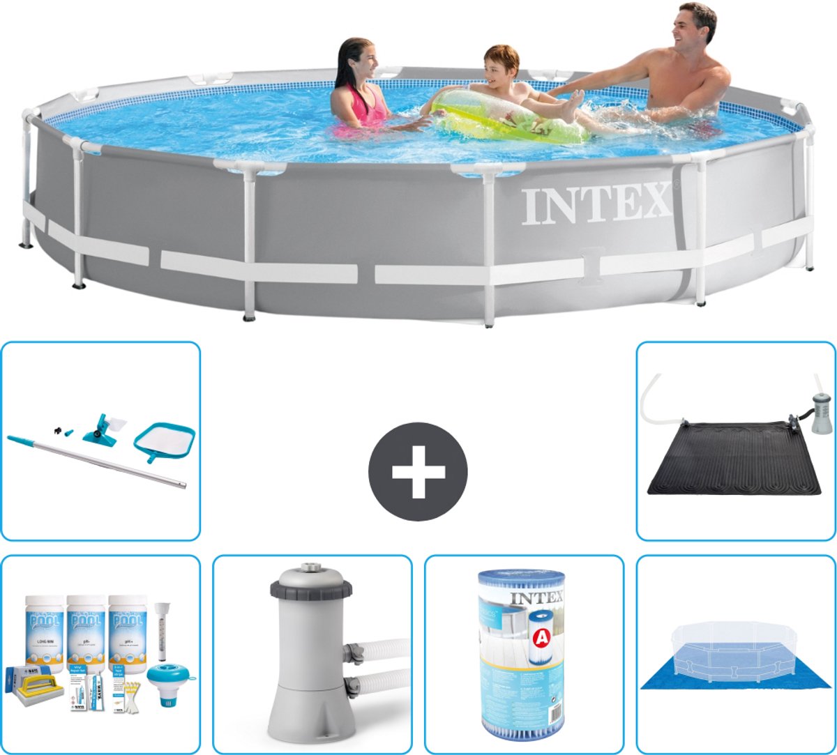 Intex Rond Prism Frame Zwembad - 366 x 76 cm - Grijs - Inclusief Onderhoudspakket - Zwembadfilterpomp - Filter - Grondzeil - Schoonmaakset - Solar Mat - 7-delig