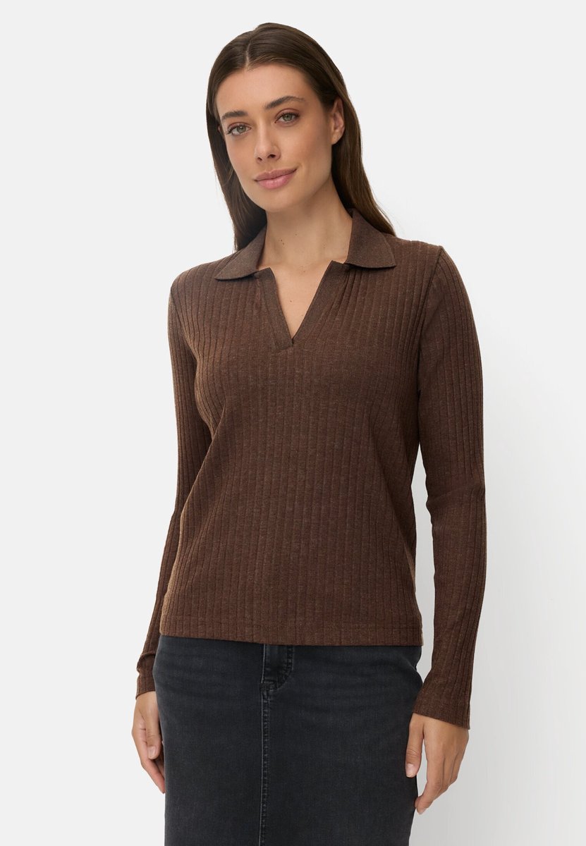 camel active Jerseyshirt met geribbelde kraag - Maat womenswear-XXL - Bruin