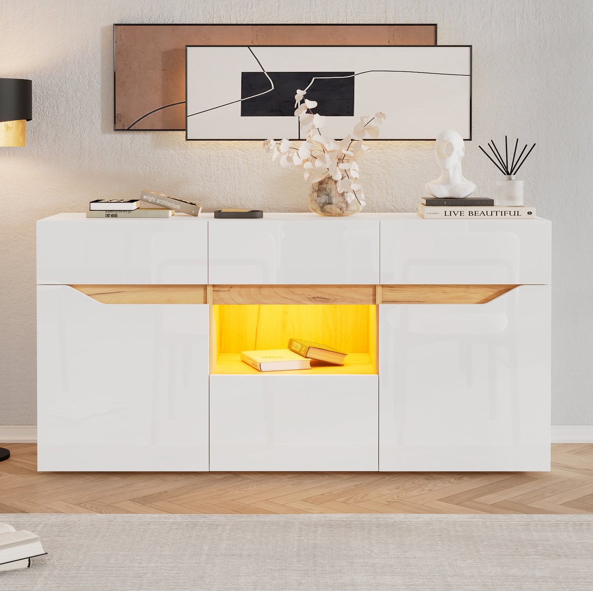 MEUNIQ dressoir 140 x 40 x 70 cm met 4 lades, 2 deuren, halfopen vak en LED-verlichting voor woonkamer, hoogglans front in wit en houtkleur