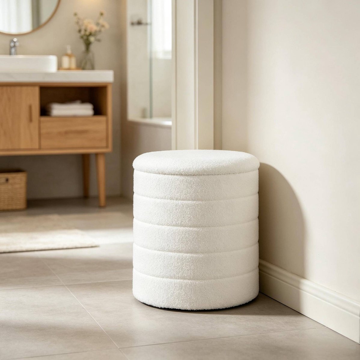 Opbergpoef Rond Met Verborgen Opbergruimte En Omkeerbaar Deksel Voor Woonkamer En Slaapkamer In Wit Teddystof 40,5 Cm